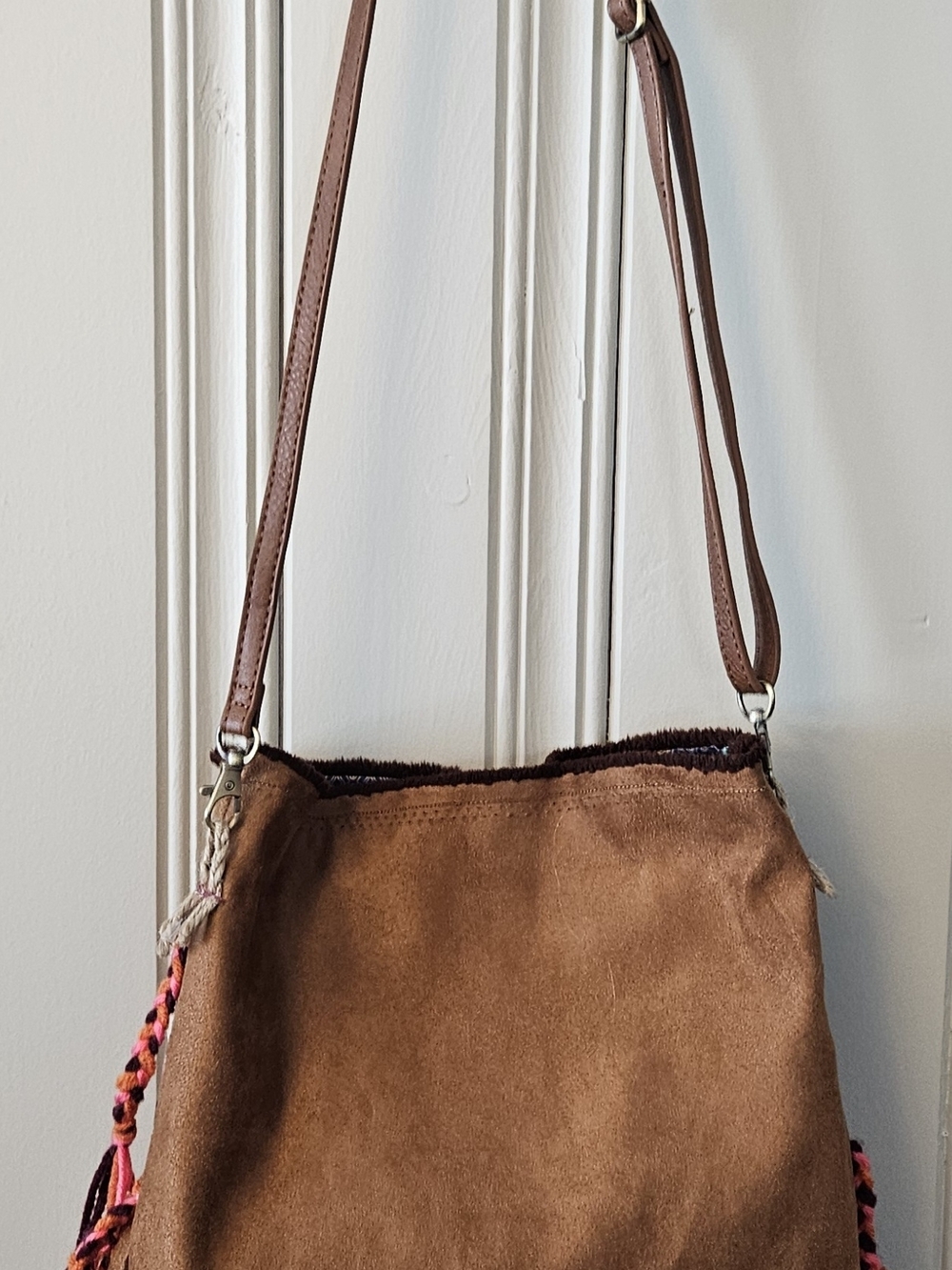 Fringed Faux Suede Boho Shoulder Bag with Multicolor Stripe Panel Handmade - Picture 3 of 12